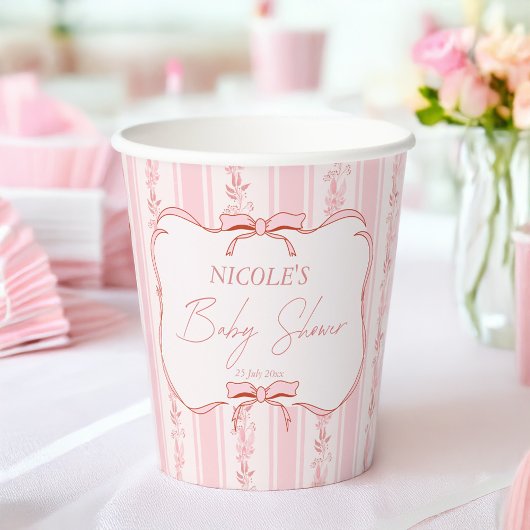 Pastel roze retro strepen baby shower gepersonalis papieren bekers