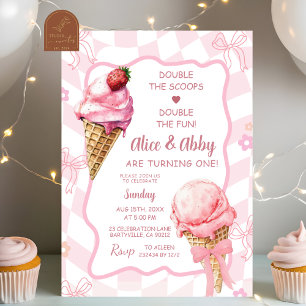 Pastel roze Retro Twins Ice Cream Verjaardag Kaart