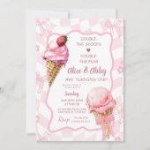 Pastel roze Retro Twins Ice Cream Verjaardag Kaart (Voorkant)