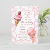Pastel roze Retro Twins Ice Cream Verjaardag Kaart (Staand voorkant)
