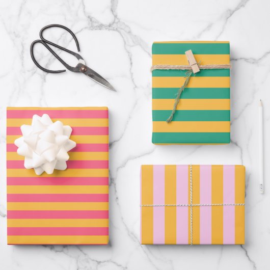 Pastel Roze, Roos, Jade en Sunglow Yellow Stripes Inpakpapier Vel (Voorkant)