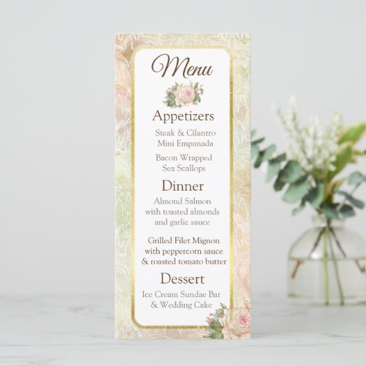 Pastel Roze Roos Weddenschapskaart Menu (Staand voorkant)