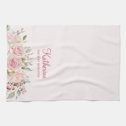 Pastel Roze Roze Bloem Bloem De Beste Mam Ooit Theedoek (Horizontaal)