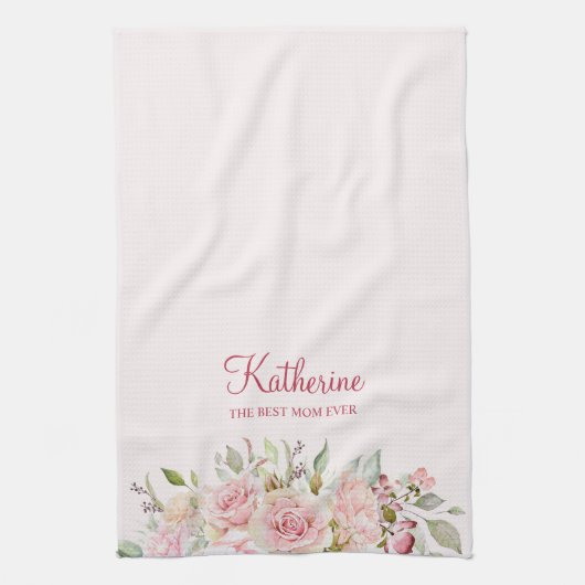 Pastel Roze Roze Bloem Bloem De Beste Mam Ooit Theedoek (Verticaal)