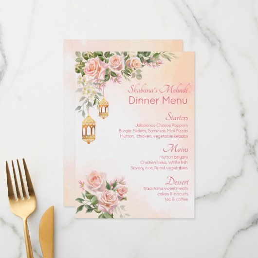 Pastel roze roze roodroos Arabisch lantaarns mehnd Menu (Voorkant / Achterkant in situ)