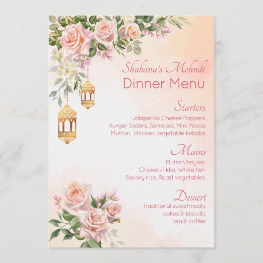Pastel roze roze roodroos Arabisch lantaarns mehnd Menu (Voorkant)