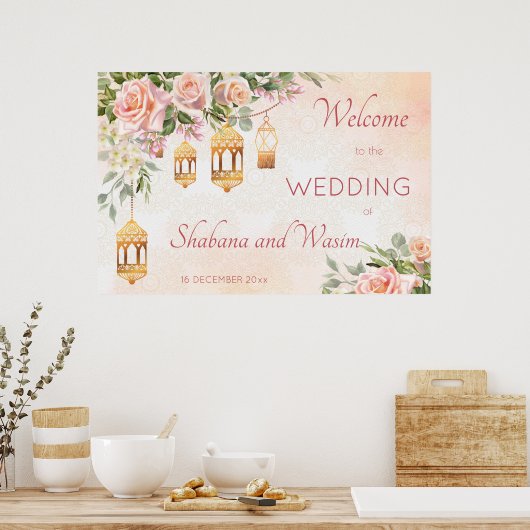 Pastel roze roze roze rozen Arabisch lantaarns wel Poster (Keuken)