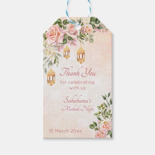 Pastel roze roze rozen met Marokkaanse lantaarns Cadeaulabel (Voorkant)