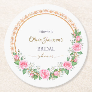 Pastel Roze Rozen & Baby’s Breath Bruids Krans Ronde Kartonnen Onderzetter