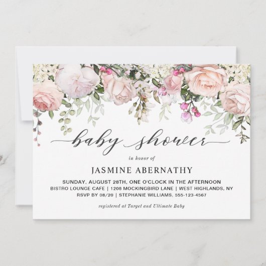 Pastel Roze Rozen Baby shower Invitation Kaart (Voorkant)