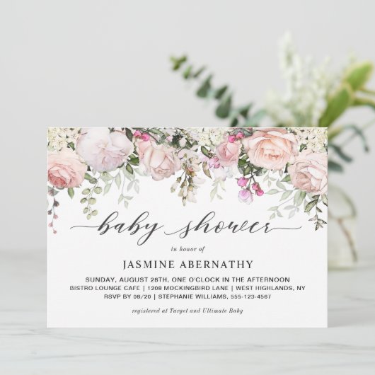 Pastel Roze Rozen Baby shower Invitation Kaart (Staand voorkant)