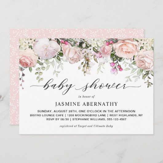 Pastel Roze Rozen Baby shower Invitation Kaart (Voorkant / Achterkant)