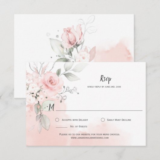 Pastel Roze Rozen Bleekroze Aquarel Wassen RSVP Kaartje (Voorkant / Achterkant)