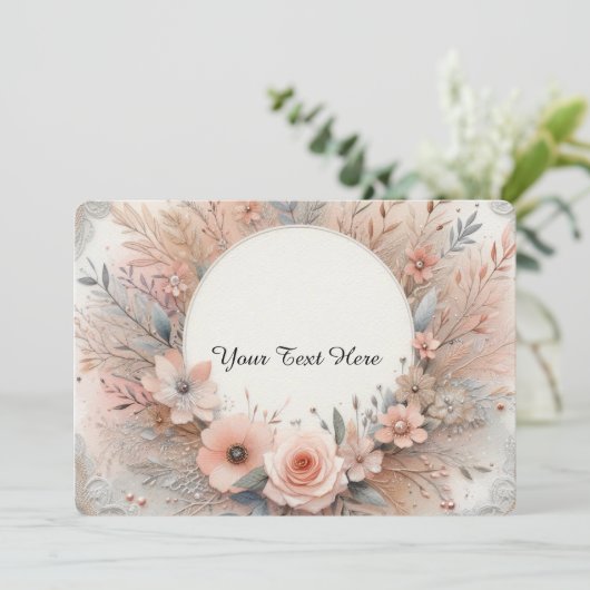 Pastel roze rozen en delicate kant details kaart (Staand voorkant)