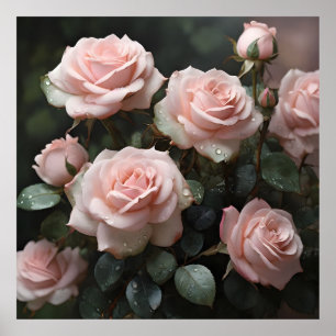 Pastel roze rozen met donkergroene bladeren poster