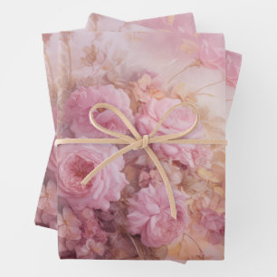  pastel roze rozen met gouden accenten inpakpapier vel