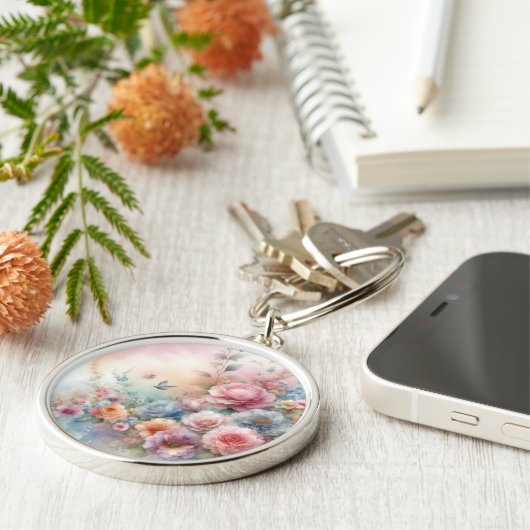  Pastel Roze Rozen met Vlinder Sleutelhanger (Zijkant)