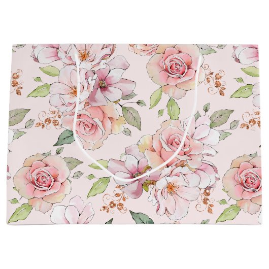 Pastel roze  rozen patroon groot cadeauzakje (Voorkant)