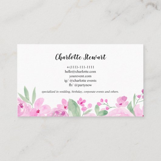 Pastel roze rozen waterverf event planner logo visitekaartje (Achterkant)