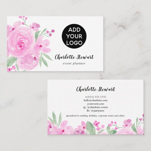 Pastel roze rozen waterverf event planner logo visitekaartje (Voorkant / Achterkant)