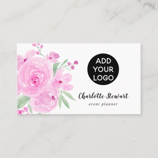 Pastel roze rozen waterverf event planner logo visitekaartje (Voorkant)