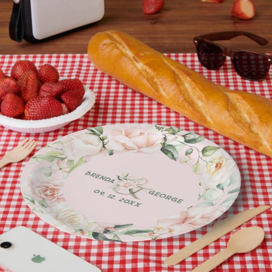 Pastel roze rozen waterverven met spuw papieren bordje (Picknick)