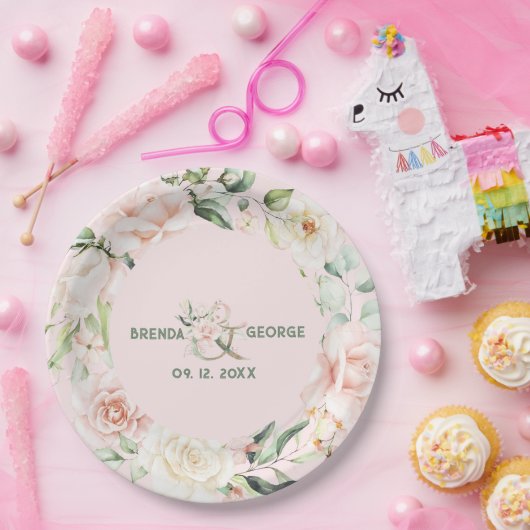 Pastel roze rozen waterverven met spuw papieren bordje (Feest)