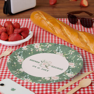 Pastel roze rozen waterverven patroon op groen papieren bordje