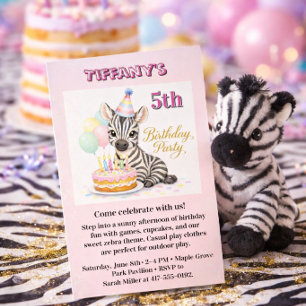 Pastel Roze Safari Zebra Meisje Vijfde Verjaardags Kaart