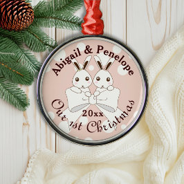 Pastel Roze Schattige Bunny Twin Girl Kinder Kerst Metalen Ornament