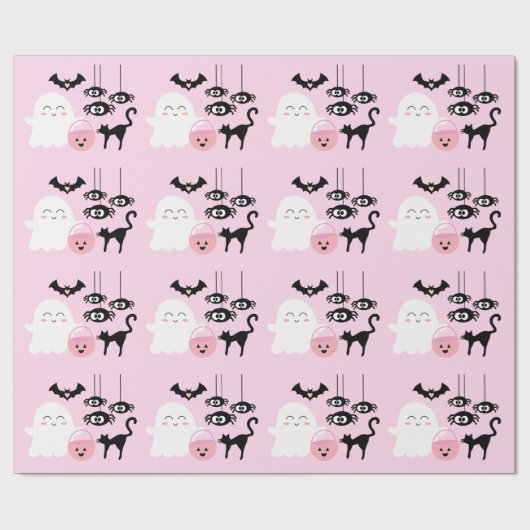 Pastel Roze Schattige Spook en Spinnen Halloween Cadeaupapier (Vlak)