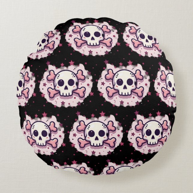 Pastel Roze Schedel en Kruisbeenderen Rond Kussen (Voorkant)