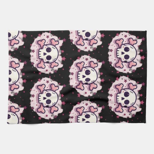 Pastel Roze Schedel en Kruisbeenderen Theedoek (Horizontaal)