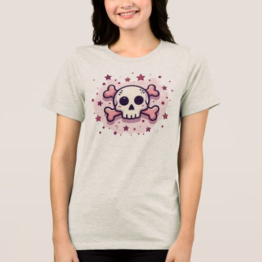Pastel Roze Schedel en Kruisbeenderen Tri-Blend Shirt (Voorkant)