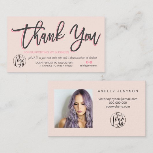 Pastel roze script foto logo orde dank u visitekaartje (Voorkant / Achterkant)