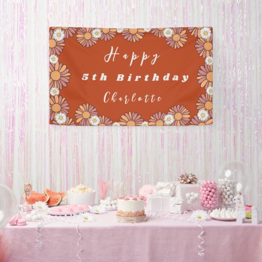 Pastel Roze & Sinaasappel Daisy bloemenpatroon Spandoek (Feest)