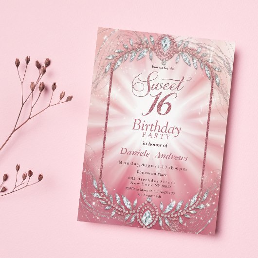 Pastel Roze Sparkly Diamond Sweet Sixteen Kaart