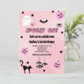 Pastel Roze Spooky Een 1e Verjaardagsfeestje Kaart (Staand voorkant)