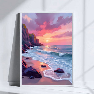 Pastel Roze Strand Zonsondergang Oceaan Golven Aqu Poster