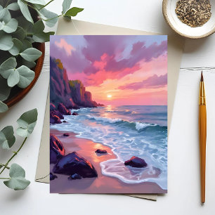 Pastel Roze Strand Zonsondergang Oceaan Golven Wat Briefkaart