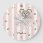 Pastel Roze Streep Cute Koala Slaapkamer / Kinderk Grote Klok (Voorkant)
