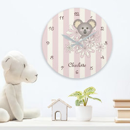 Pastel Roze Streep Cute Koala Slaapkamer / Kinderk Grote Klok