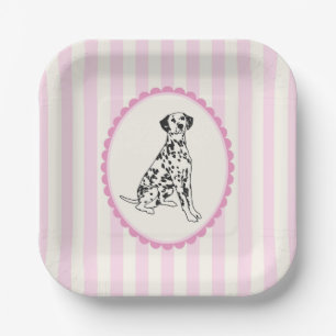 Pastel roze strepen en zwarte hond illustratie papieren bordje