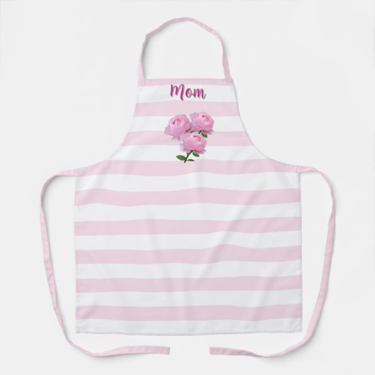 Pastel Roze Strepen met Roze Rozen "Mom" Schort (Voorkant)