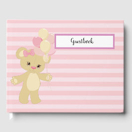 PASTEL ROZE STREPEN MET TAN TEDDYBEER & BALLONNEN GASTENBOEK