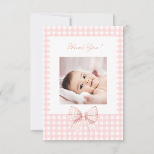 Pastel roze strik baby shower foto dank u kaarten (Voorkant)
