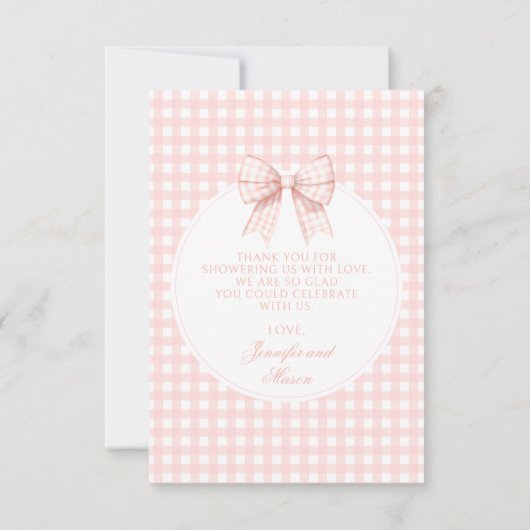 Pastel roze strik baby shower foto dank u kaarten (Achterkant)