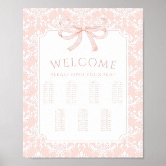 Pastel roze strik damast baby shower zitgrafiek poster (Voorkant)