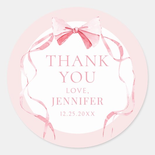 Pastel roze strik lint baby meisje douche dank u ronde sticker (Voorkant)