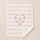 Pastel Roze stripes Floral Heart Monogram Sherpa Deken (Voorkant)